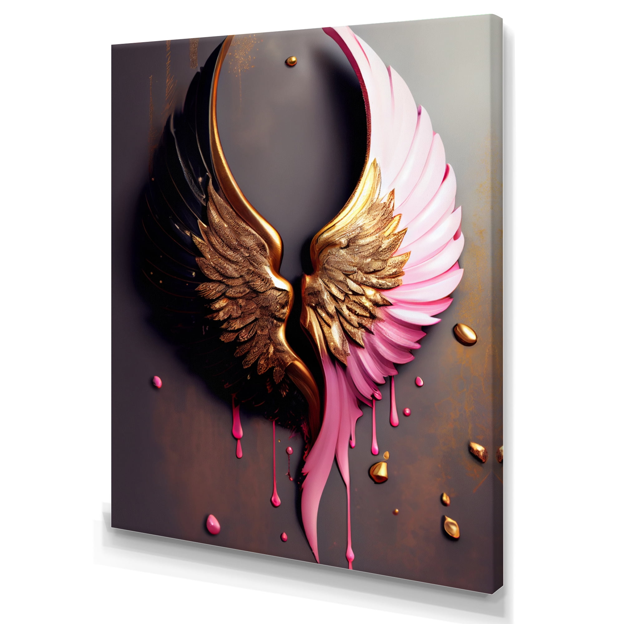 Designart Pink,Gold And Black Angel Wings II Canvas Wall Art