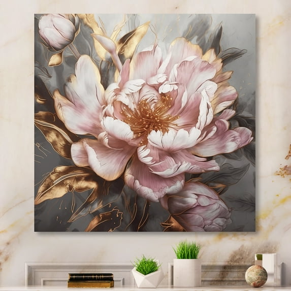 Designart "Pink Gold Peonies Petals" Floral Peony Wall Art Living Room