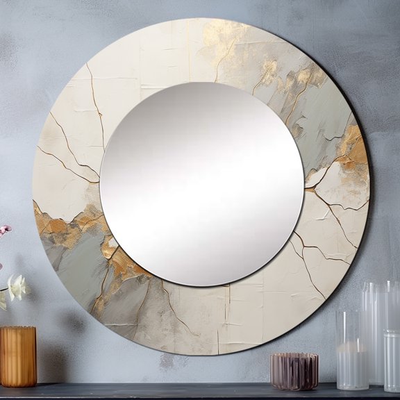 Designart "Pink and Gold Pottery in Minimalism I" Abstract Spirals Rund Mirror For Wall Decor - Large Beige Round Printed Mirror -Modern Round Living Room Mirror - 36" x 36"
