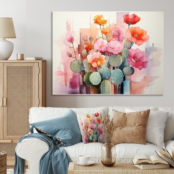 Designart "Pink Green Cactus Representation Colorfuled Acrylic II" Floral Canvas Wall Art