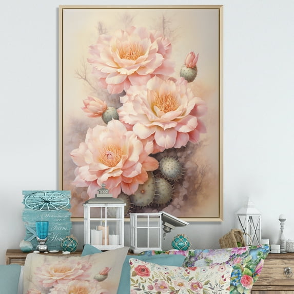 Designart "Pink Green Cactus love expression I" Floral & Botanical Floater Framed Wall Art Living Room