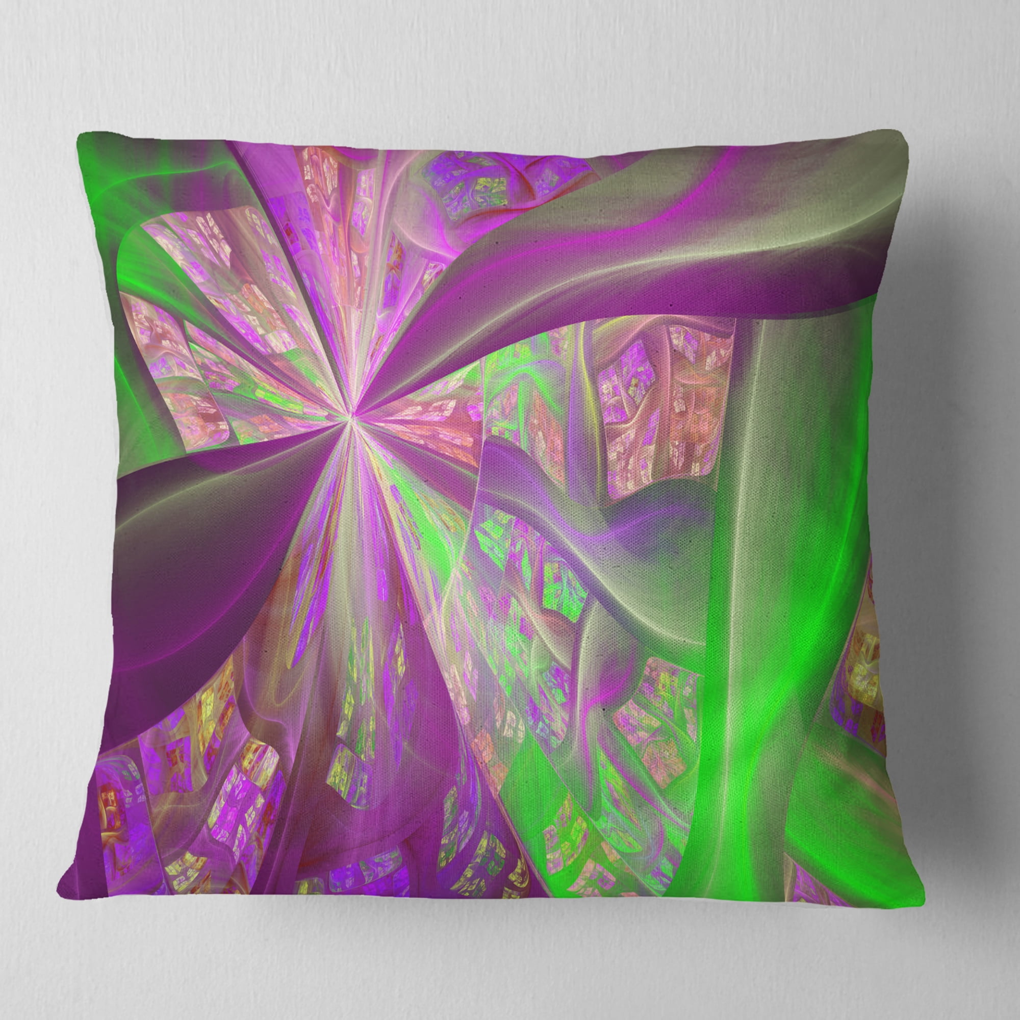 Designart Pink Green Fractal Curves - Abstract Throw Pillow - 18x18