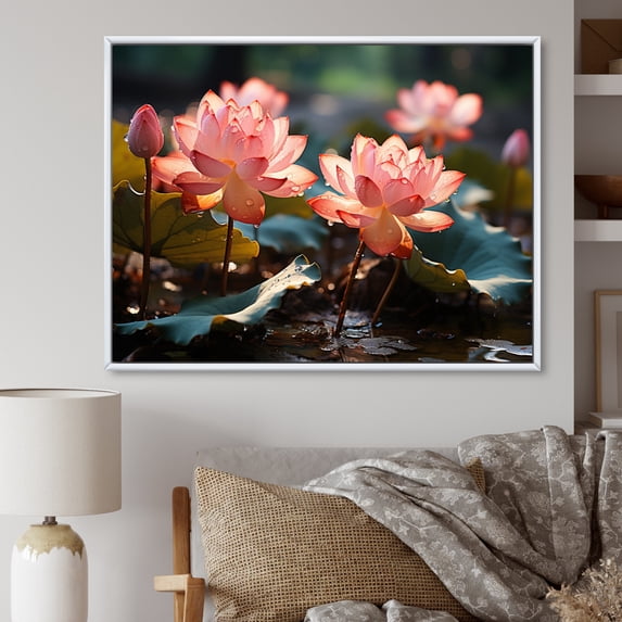 Designart "Pink Green Lotus landscape" Floral Floater Framed Canvas Art Print