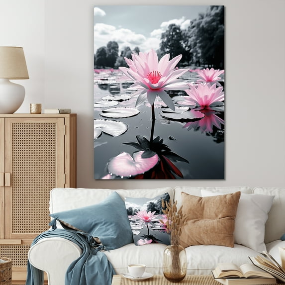Designart "Pink Grey Flower landscape Jade Lily" Floral Wall Decor