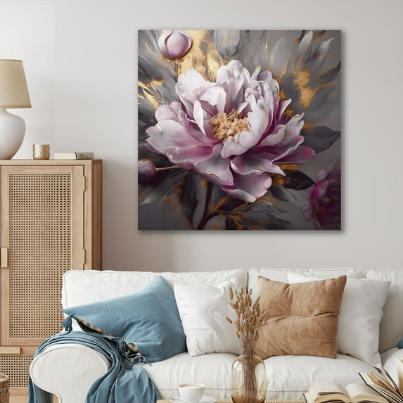 Designart "Pink Grey Peonies Blooming V" Floral Peony Wall Art For Bathroom
