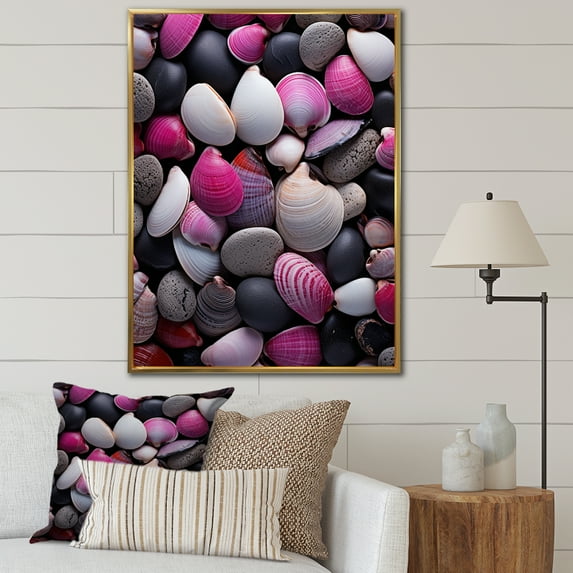 Designart "Pink Grey Pink White Shells Seashore composition" Animals Floater Framed Wall Art Print