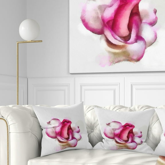 Designart Pink Hand drawn Red Rose on White - Floral Throw Pillow - 16x16