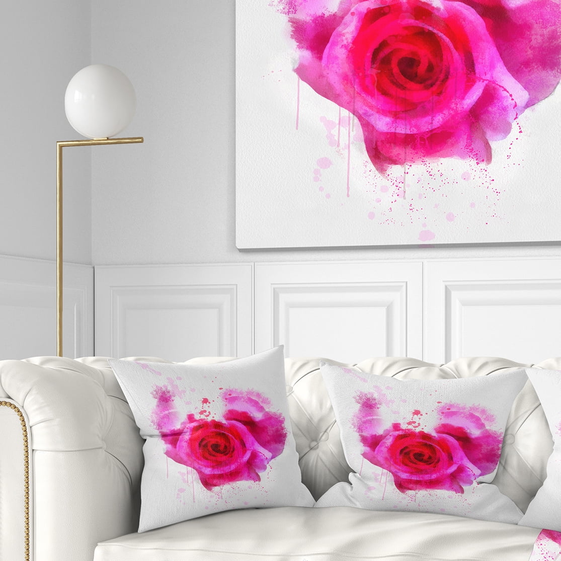 Designart Pink Hand drawn Rose on White - Floral Throw Pillow - 16x16
