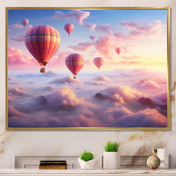 Designart "Pink Hot Air Ballon delicate I" Transportation Floater Framed Canvas Art Print