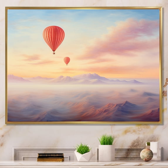 Designart "Pink Hot Air Ballon delicate III" Transportation Floater Framed Canvas Print
