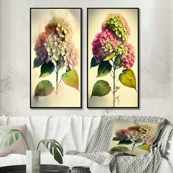 Designart "Pink Hydrangea Blooming I" Floral Framed Wall Art Set Of 2 - Traditional Pink Frame Gallery Set For Office Decor