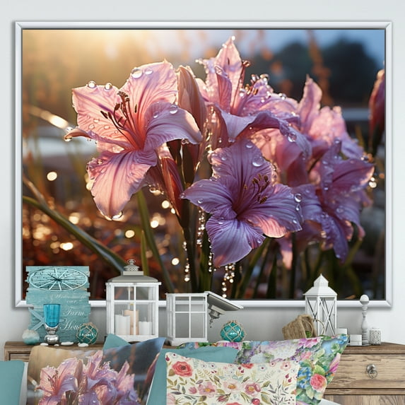 Designart "Pink Irises landscape I" Floral Floater Framed Wall Decor