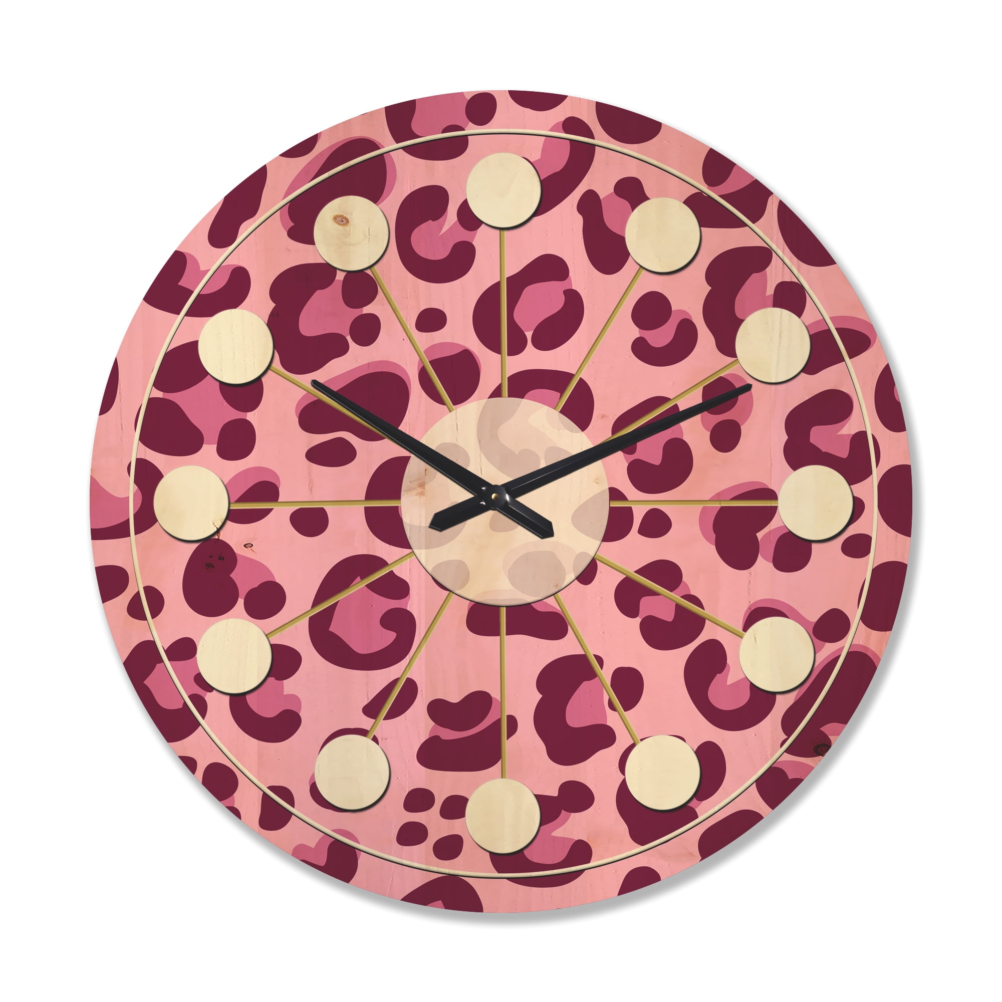 Designart 'Pink Leopard Pattern Retro' Mid-Century Modern Wood Wall Clock