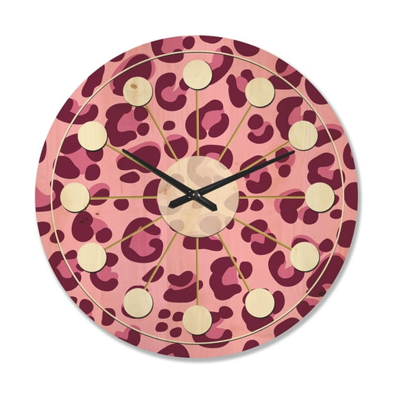Designart 'Pink Leopard Pattern Retro' Mid-Century Modern Wood Wall Clock