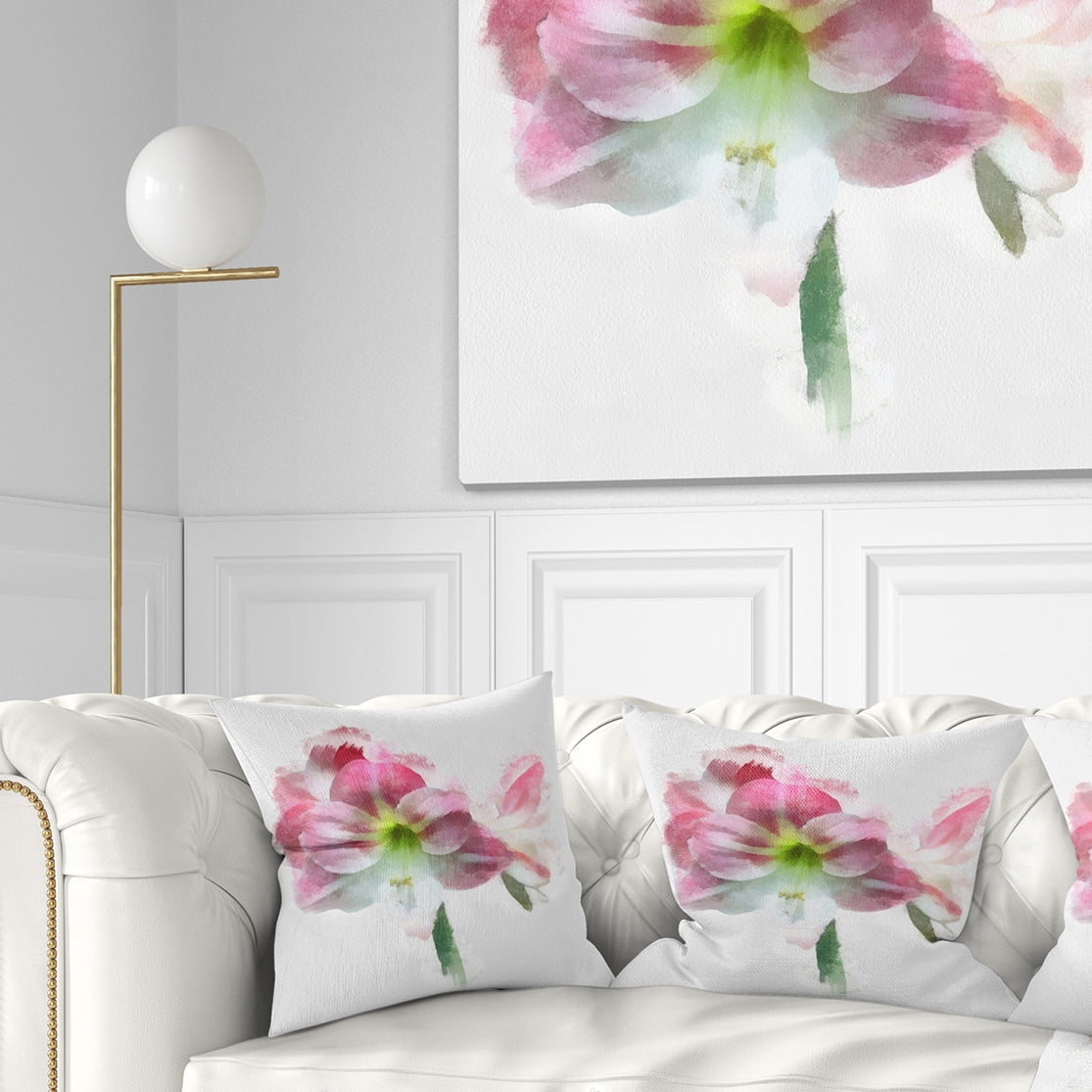 Designart Pink Lily Flowers on White Sketch - Floral Throw Pillow - 16x16