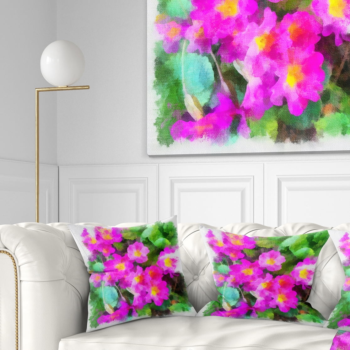 Designart Pink Little Flowers with Green Leaves - Floral Throw Pillow - 18x18