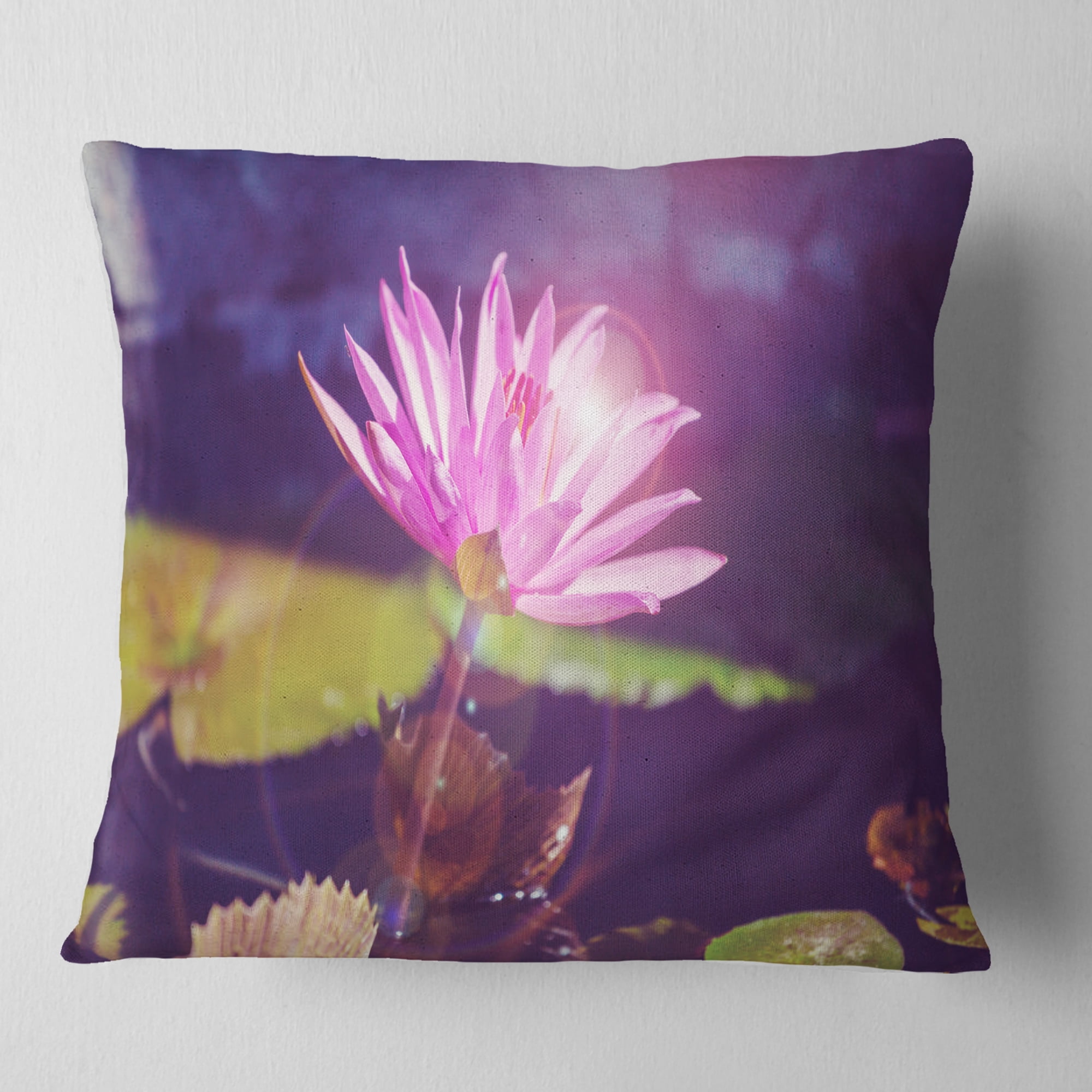 Designart Pink Lotus Flower on Blue Background - Floral Throw Pillow - 16x16