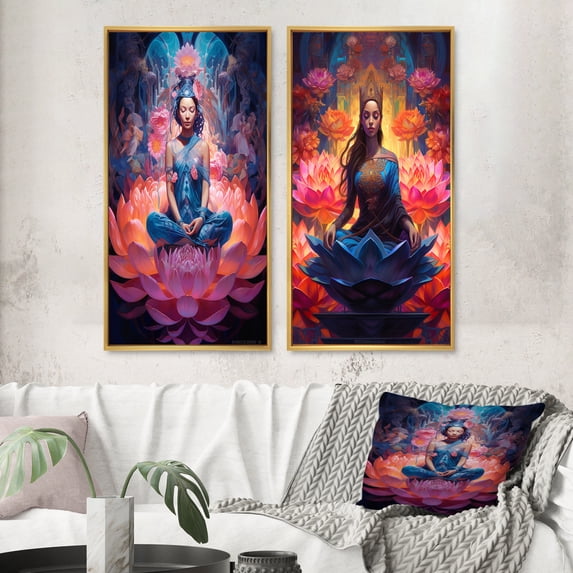 Designart "Pink Lotus Woman in Blue Yoga I" Fashion Woman Framed Wall Art Set Of 2 - Glam Blue Gallery Wall Frame Set For Home Decor
