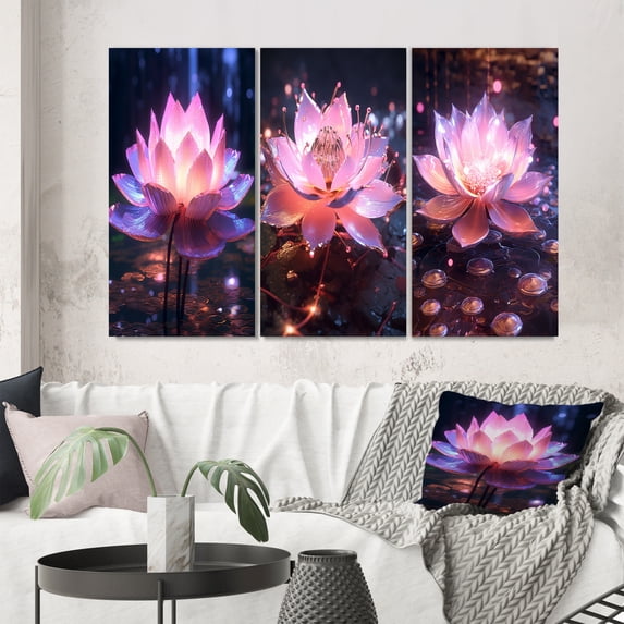 Designart "Pink Lotus with Light Filtering Through II" Lotus Wall Art Set Of 3 - Modern Pink Canvas Set For Living Room Decor
