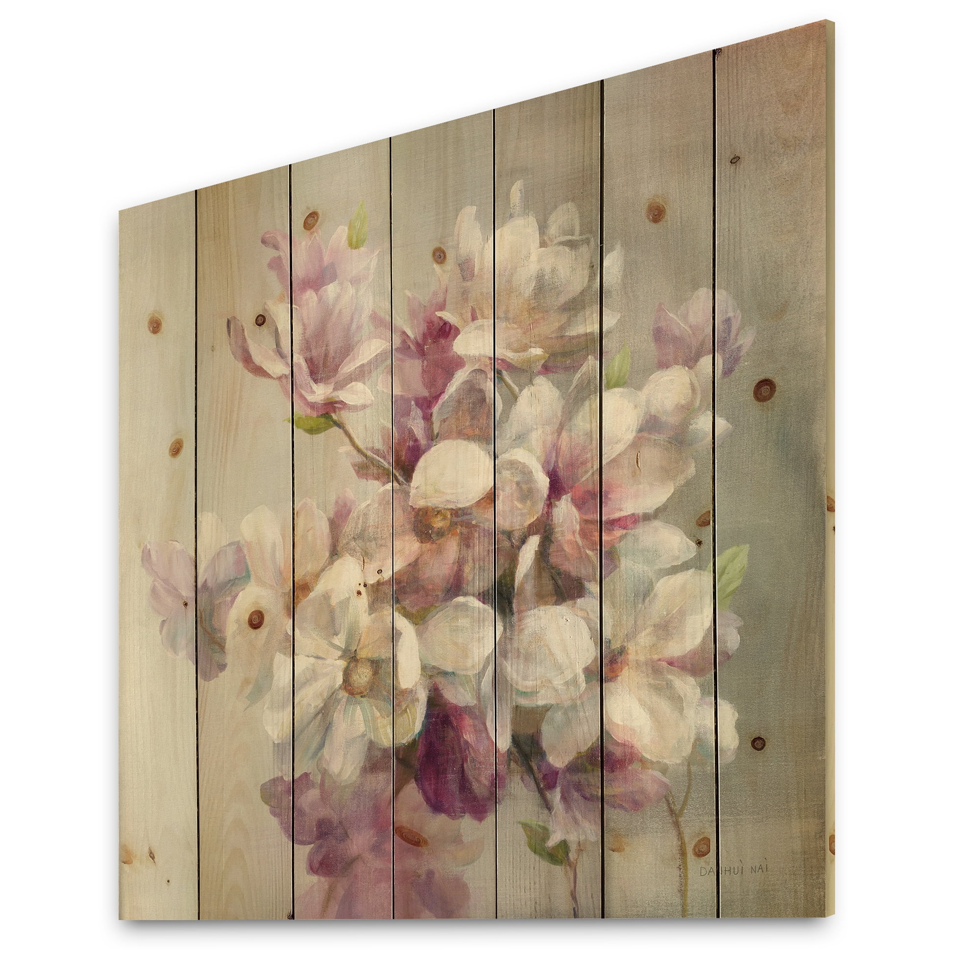 Designart 'Pink Magnolia Flowers' Shabby Chic Print on Natural Pine Wood