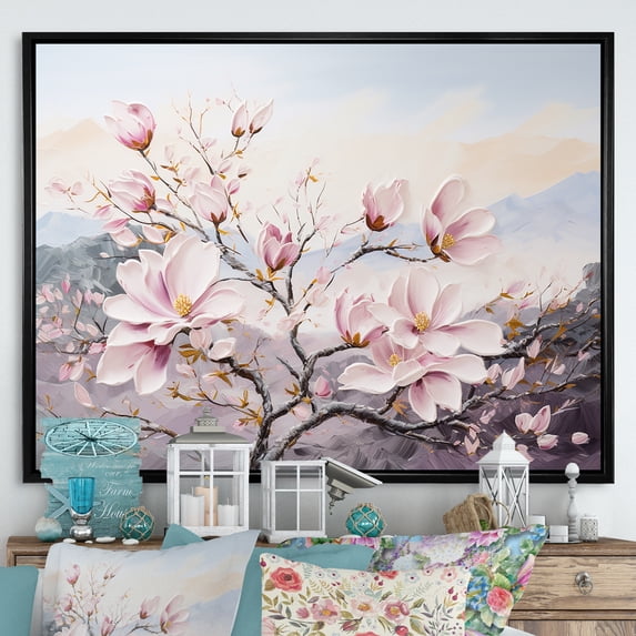 Designart "Pink Magnolias In Full Bloom II" Flowers Floater Framed Canvas Art Print