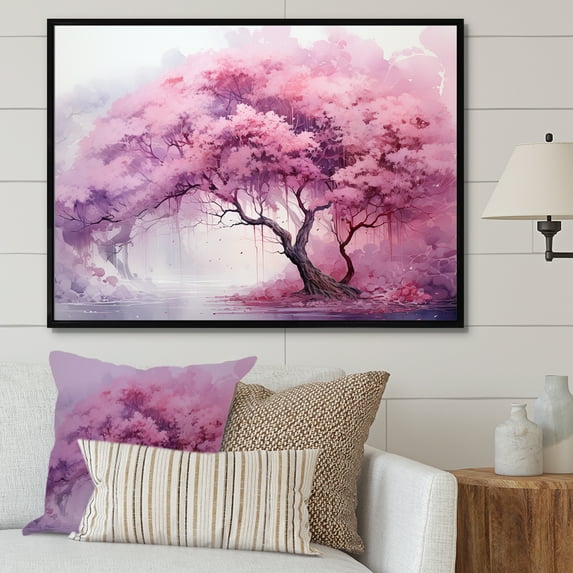 Designart "Pink Mystique In Amethyst Woods II" Tree Redwood Floater Framed Wall Art Prints