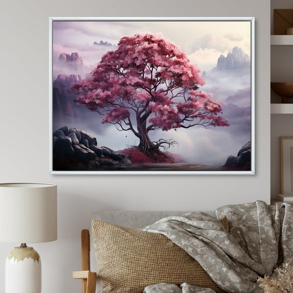 Designart "Pink Mystique In Amethyst Woods IV" Tree Redwood Floater Framed Canvas Wall Art