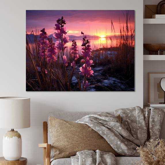 Designart "Pink Orchids landscape With Sunset" Landscapes Canvas Wall Art