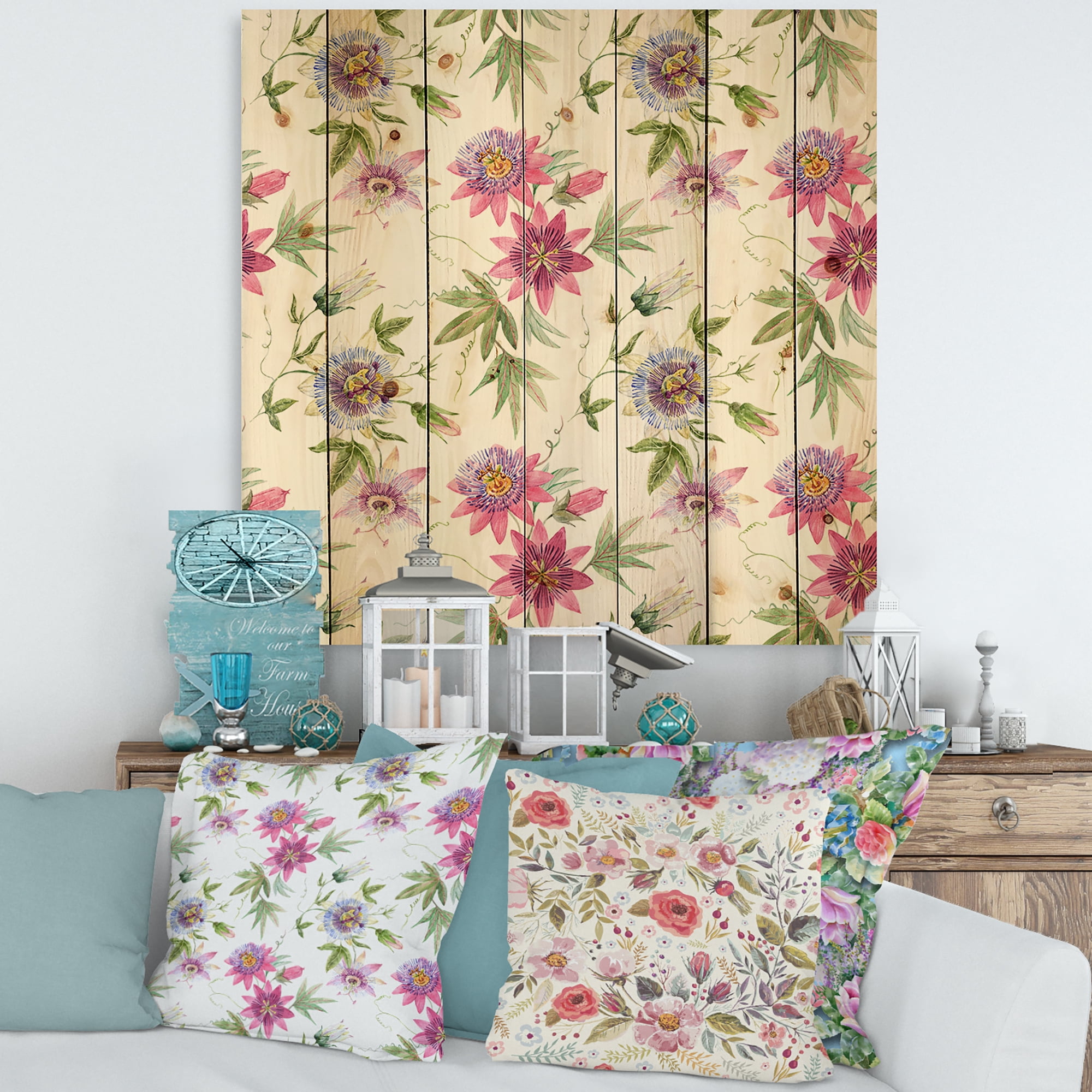 Designart 'Pink Passionflower Flowers and Petals' Traditional Print on Natural Pine Wood