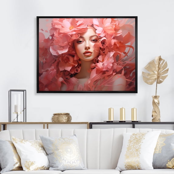 Designart "Pink Pastel Tones Portrait in Cubism Style VII" Fashion Framed Wall Art - Glam Pink Fashion Woman Bedroom Framed Canvas Wall Art