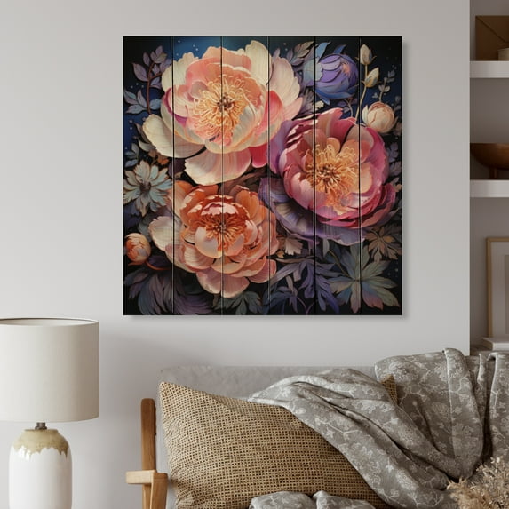 Designart "Pink Peonies Charm I" Floral Print on Natural Pine Wood