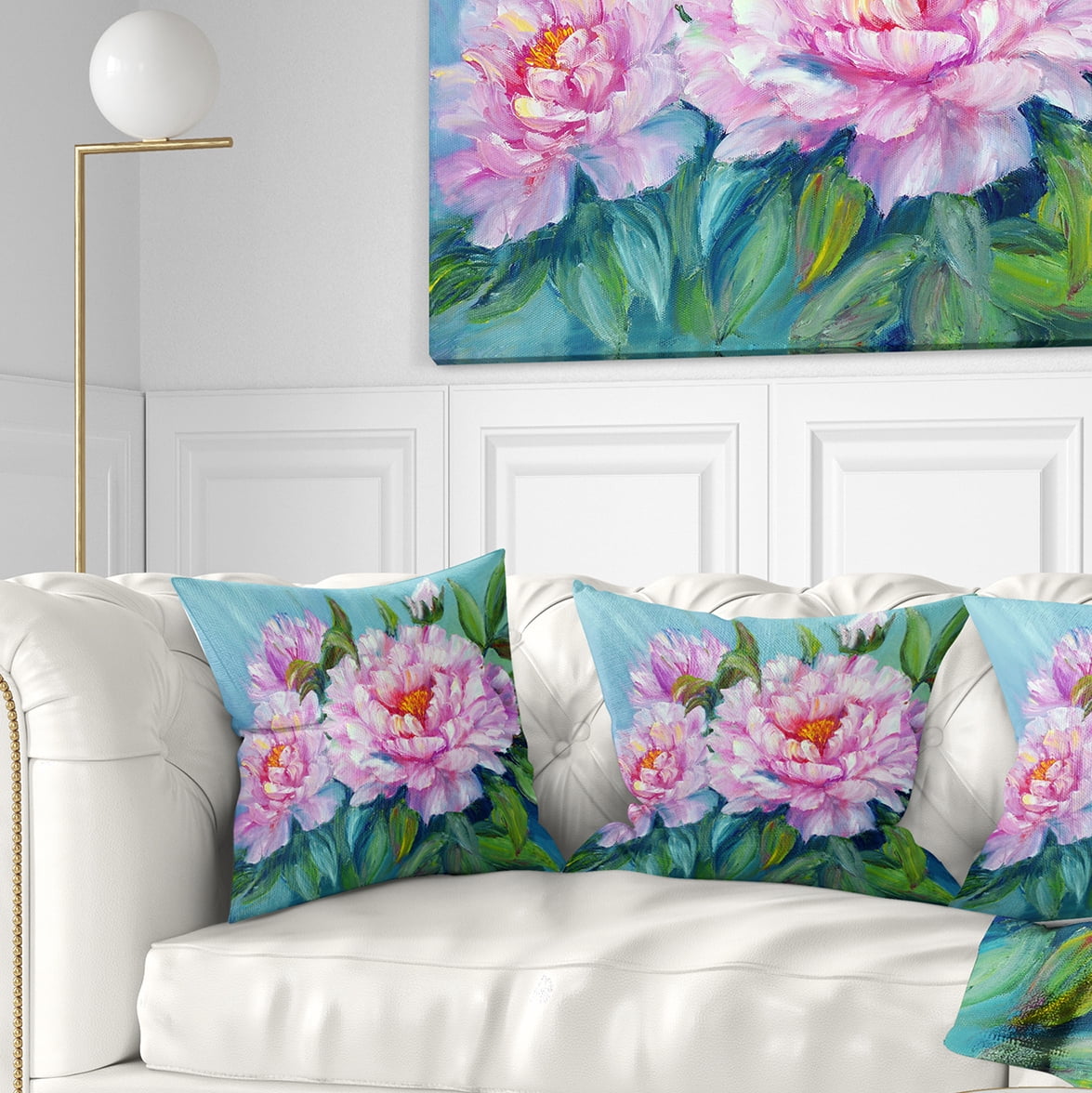 Designart Pink Peonies - Floral Throw Pillow - 16x16