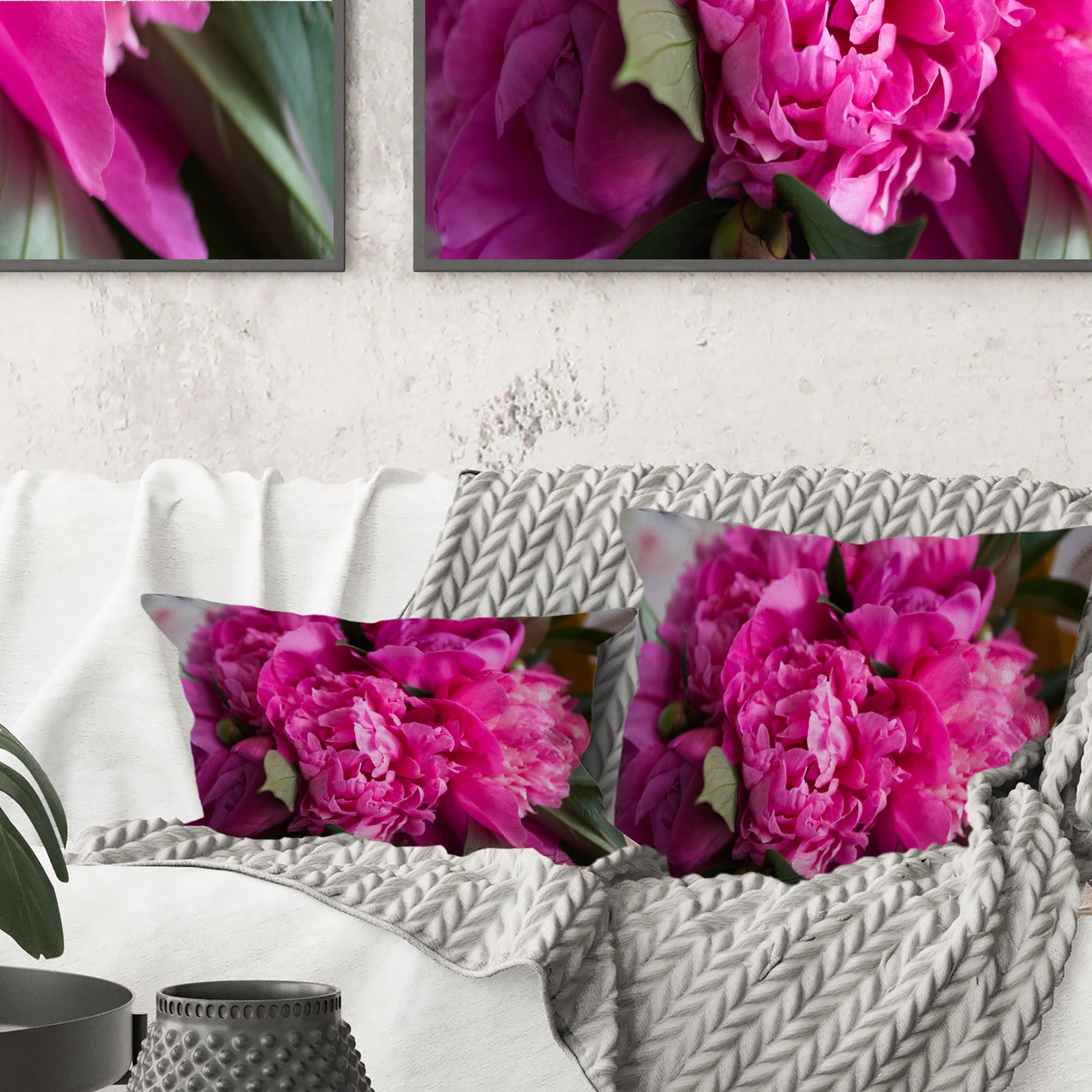 Designart Pink Peonies on Wooden Background - Flower Throw Pillow - 16x16