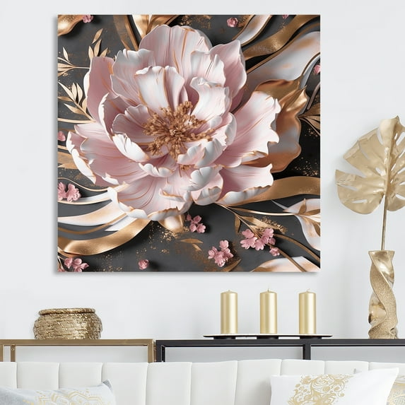 Designart "Pink Peony Adorned With A Golden Touch" Poppies Wall Art Living Room