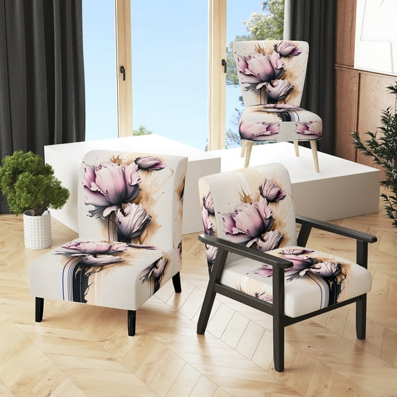 Designart "Pink Peony Flower On Abstract Paint " Upholstered Floral & Botanical Accent Chair and Modern & Contemporary Arm Chair - Multiple Color & Pattern
