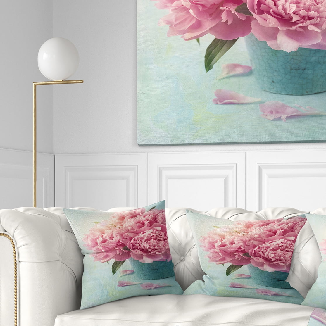Designart Pink Peony Flowers in Vase - Floral Throw Pillow - 16x16