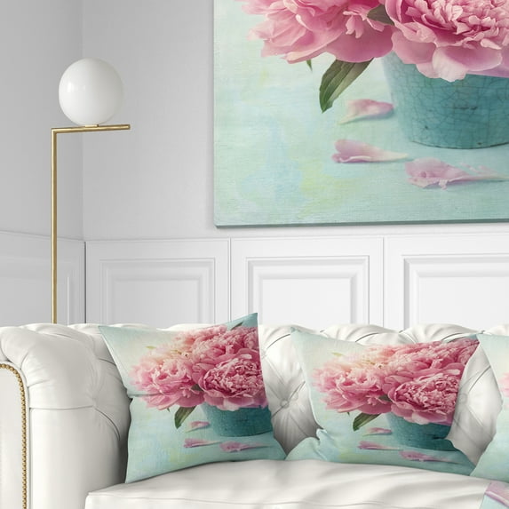 Designart Pink Peony Flowers in Vase - Floral Throw Pillow - 16x16