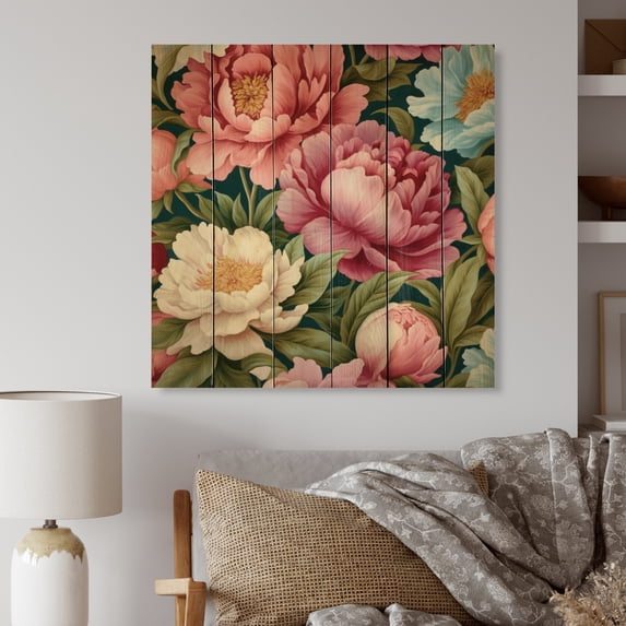 Designart "Pink Peony Garden Perfection Blossom Abundance" Floral Print on Natural Pine Wood