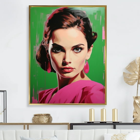 Designart "Pink Portman In Pop Art Portrait" Woman Pop Art Floater Framed Canvas Art Print