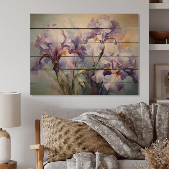 Designart "Pink Purple Irises love expression VI" Floral Print on Natural Pine Wood