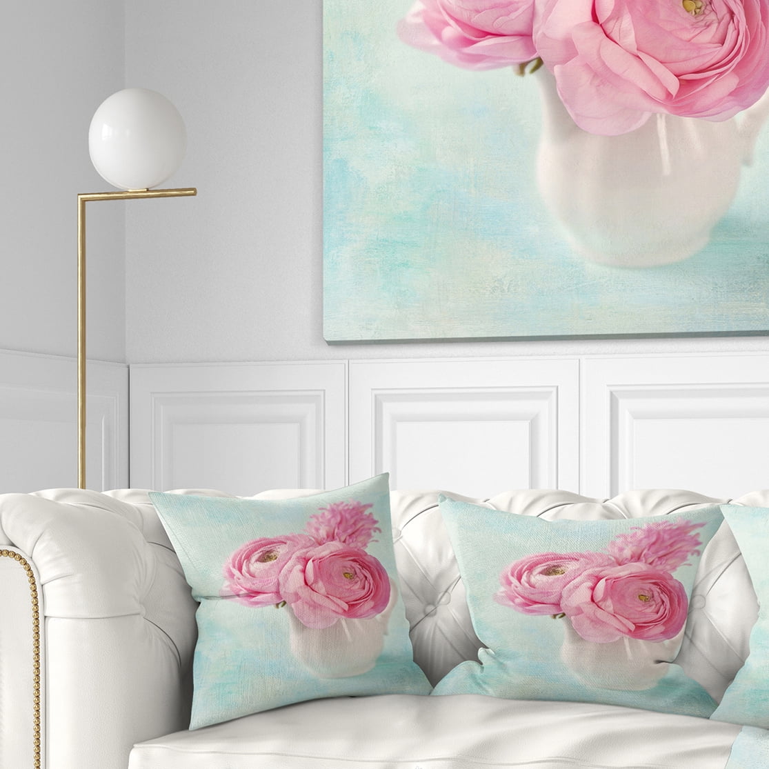 Designart Pink Ranunculus Flowers in Vase - Floral Throw Pillow - 16x16