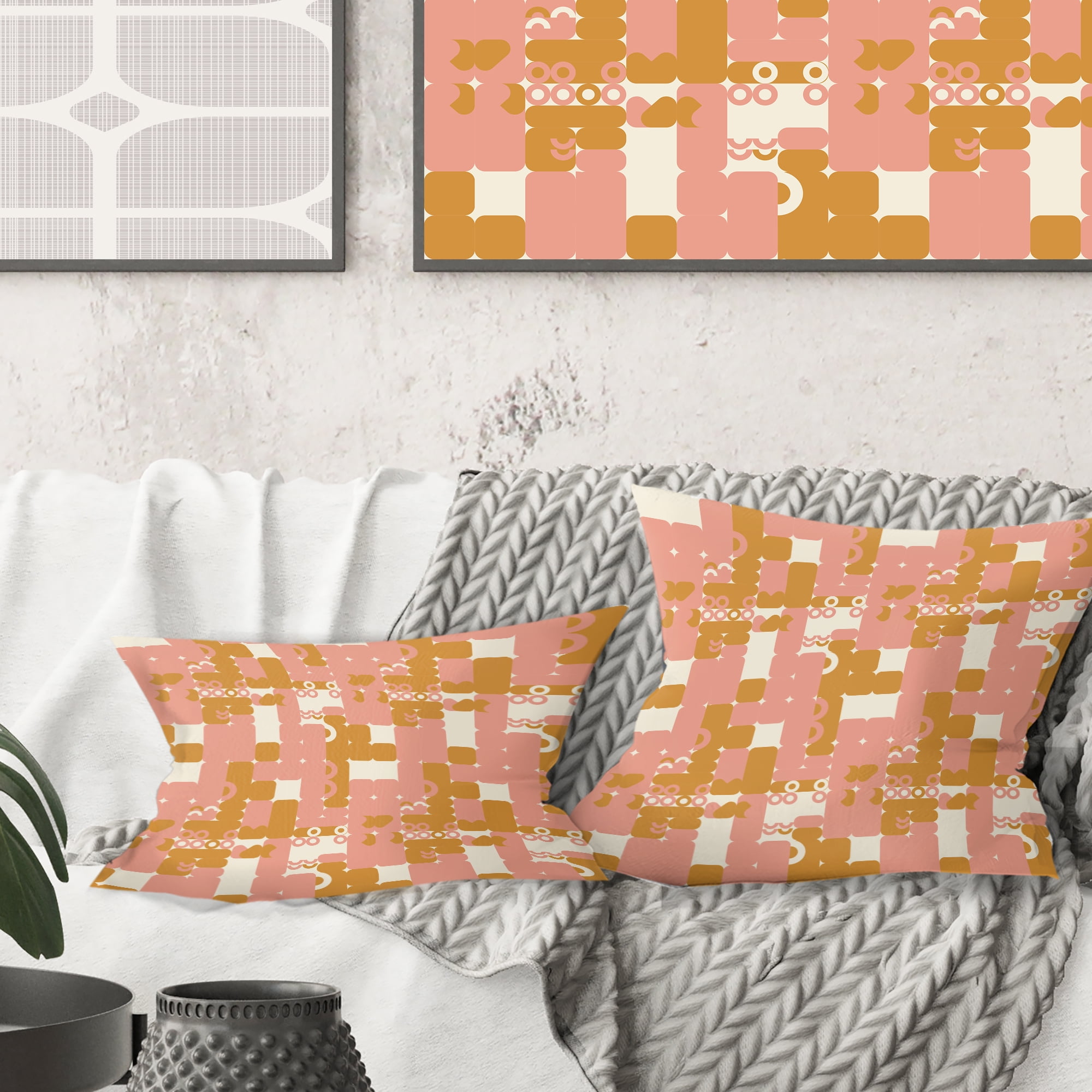 Designart Pink Retro Abstract Design' Mid-Century Modern Throw Pillow - 16x16