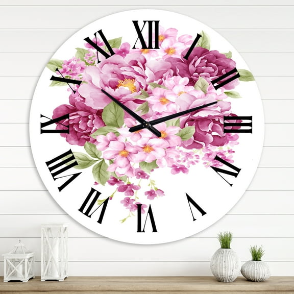 Designart 'Pink Retro Flowers' Traditional Wall Clock