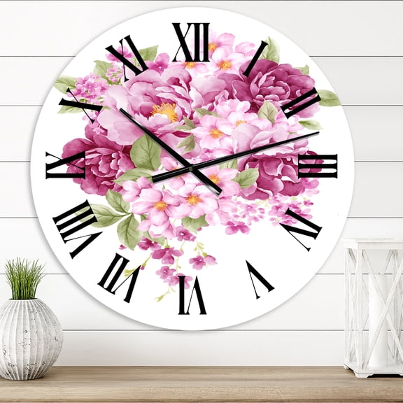 Designart 'Pink Retro Flowers' Traditional Wall Clock