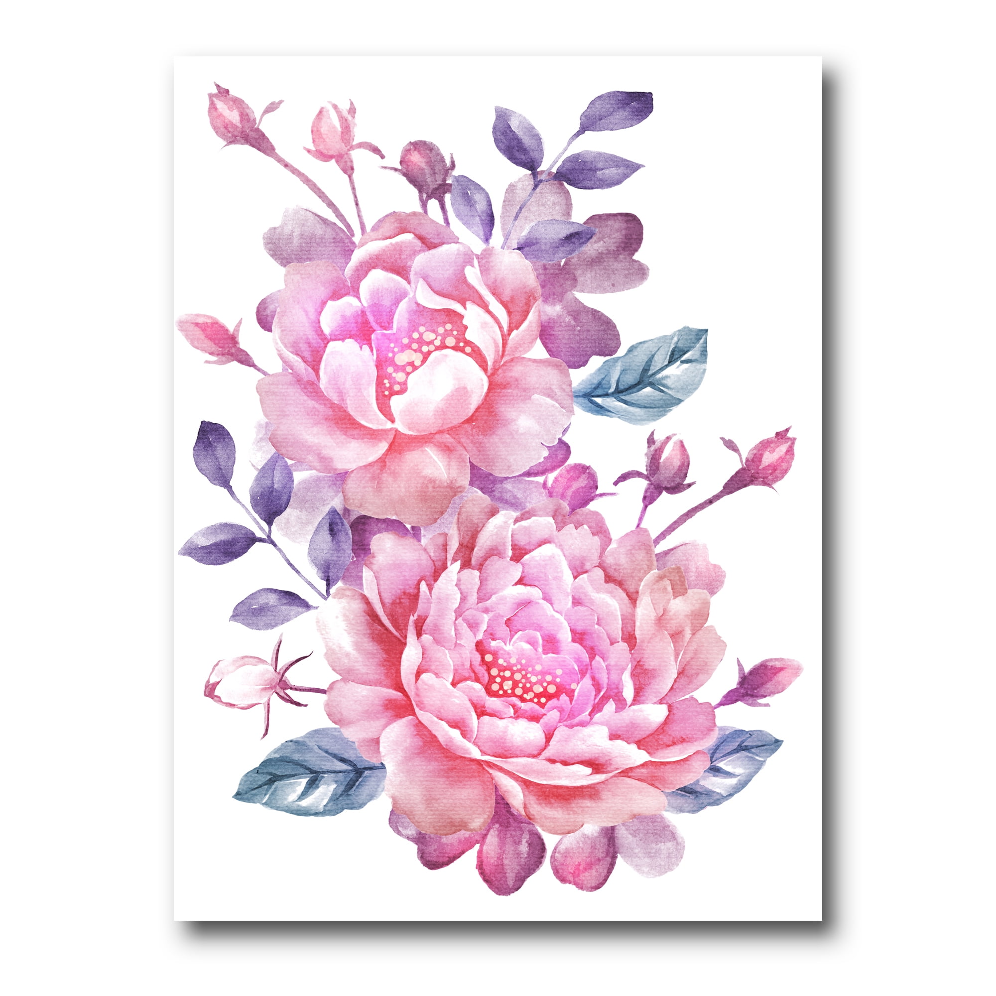 Designart ' Pink Retro Flowers With Blue Leaves On White ' Traditional Canvas Wall Art Print