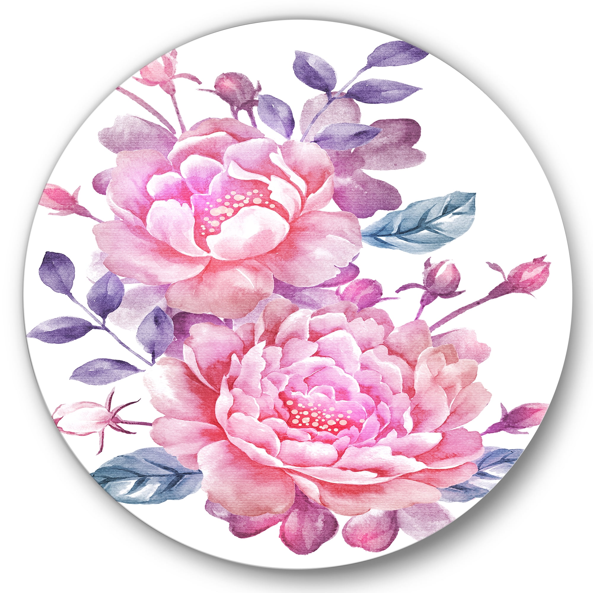 Designart 'Pink Retro Flowers With Blue Leaves On White' Traditional Circle Metal Wall Art 23x23 - Disc of 23