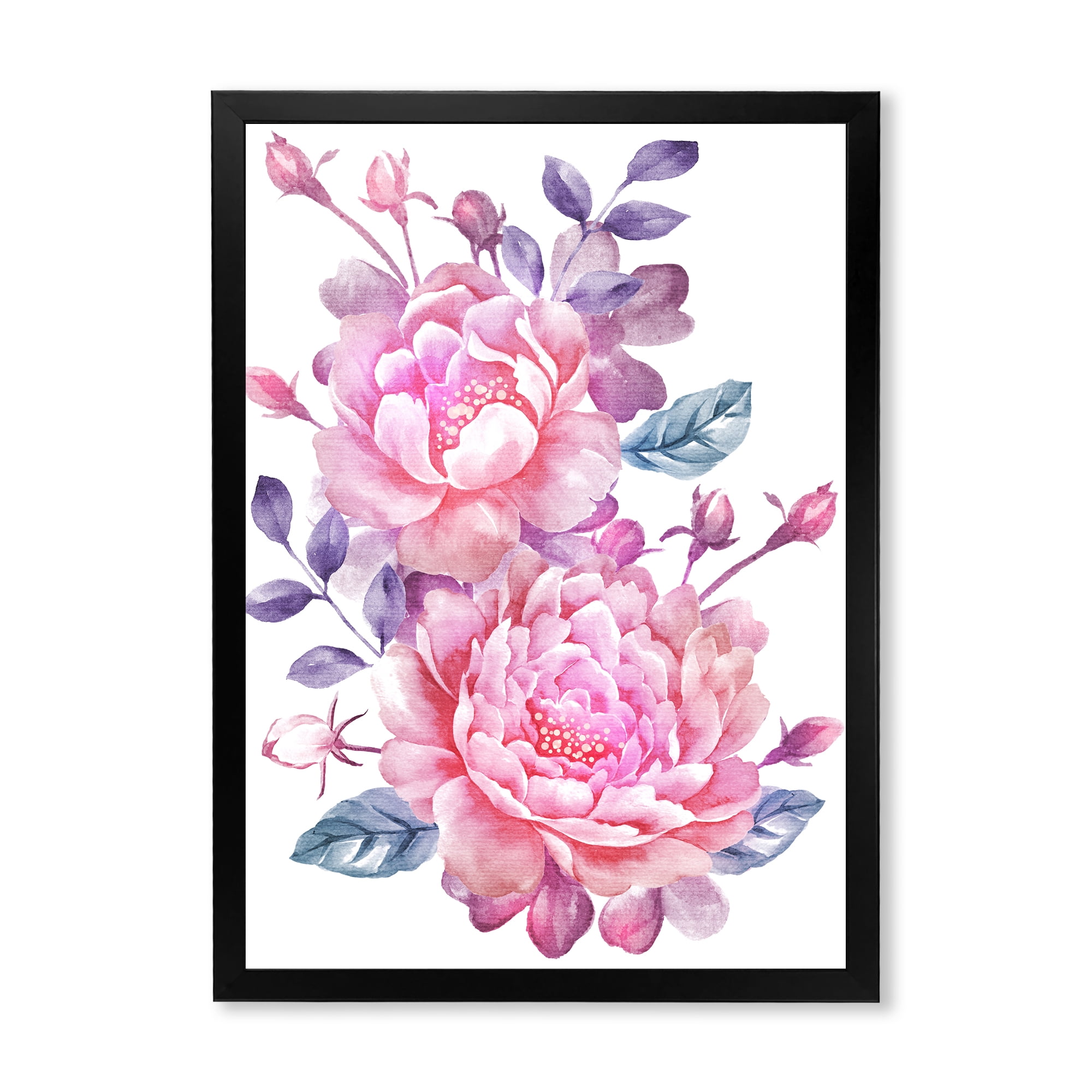 Designart 'Pink Retro Flowers With Blue Leaves On White' Traditional Framed Art Print