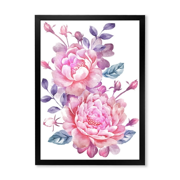 Designart 'Pink Retro Flowers With Blue Leaves On White' Traditional Framed Art Print