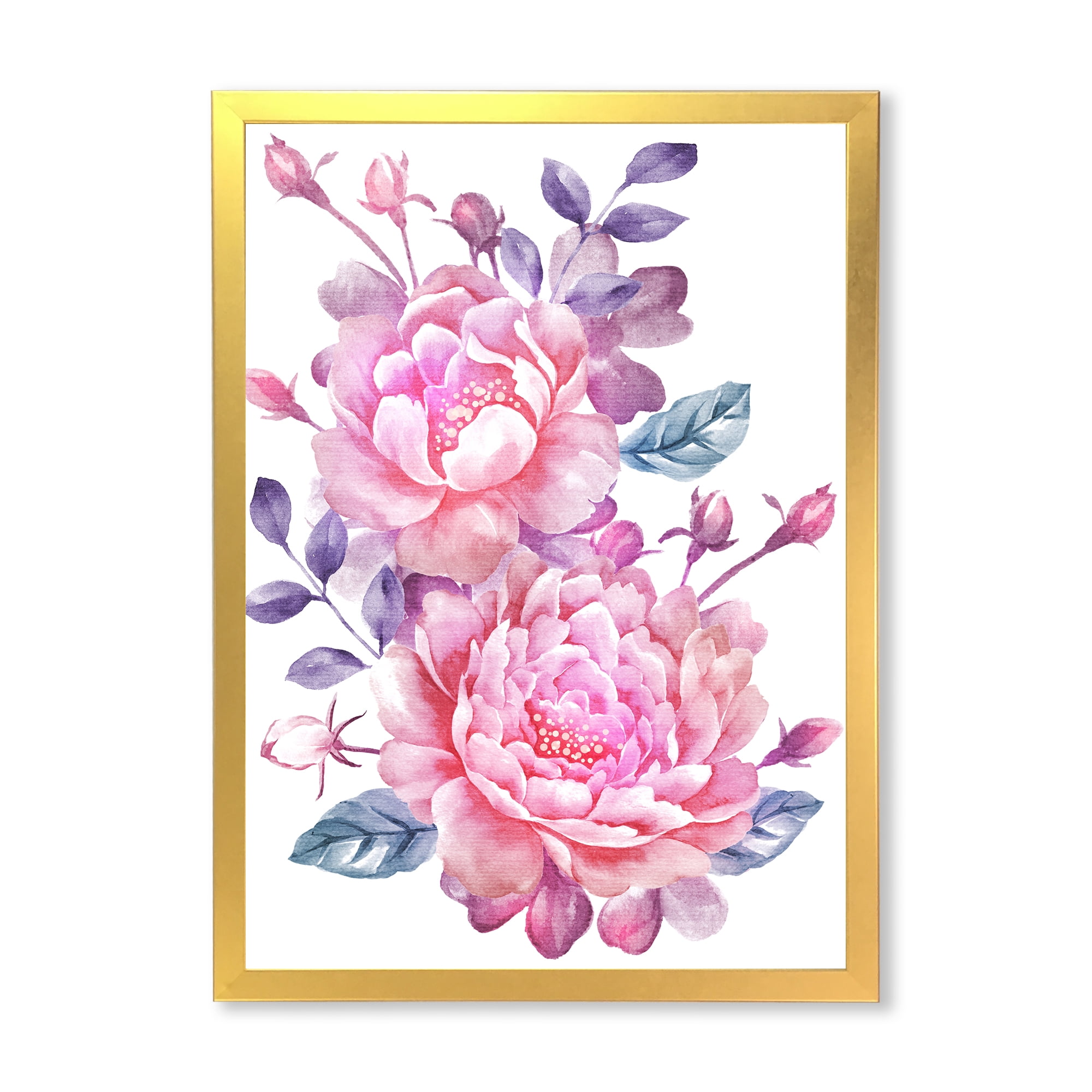 Designart 'Pink Retro Flowers With Blue Leaves On White' Traditional Framed Art Print