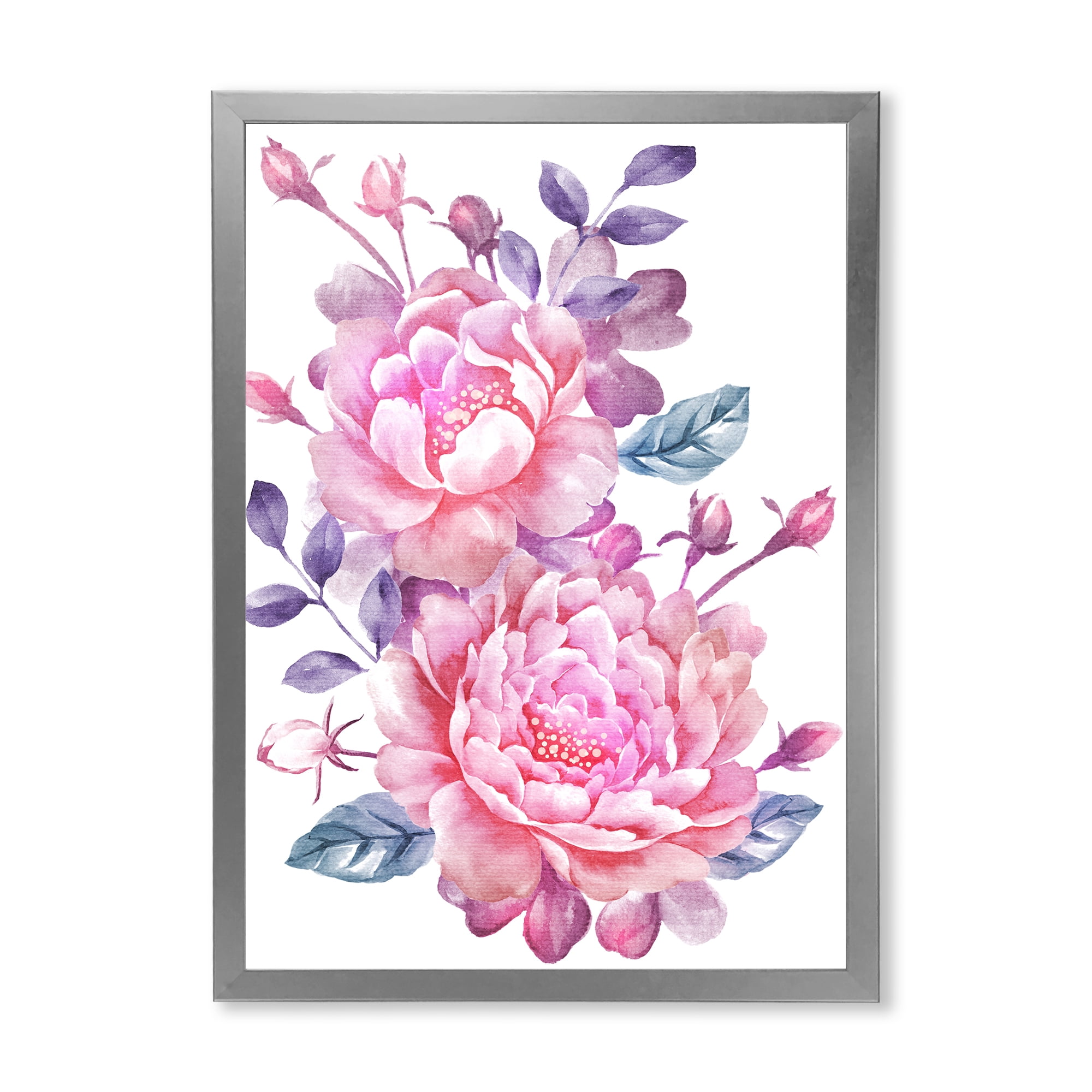 Designart 'Pink Retro Flowers With Blue Leaves On White' Traditional Framed Art Print